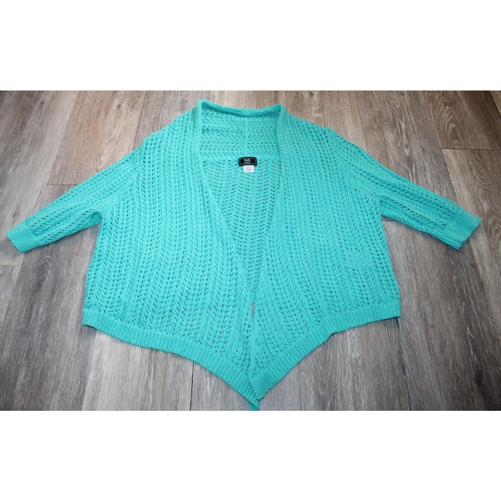 Lark Lane XL Cardigan Sweater Teal Crochet 3/4 Length Sleeves
